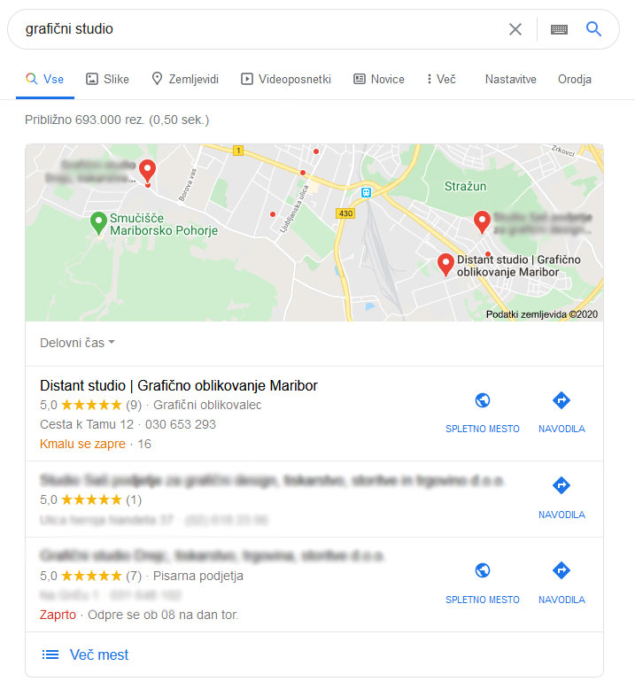 Prikaz iskanih storitev lokalno- predstavitev podjetja.