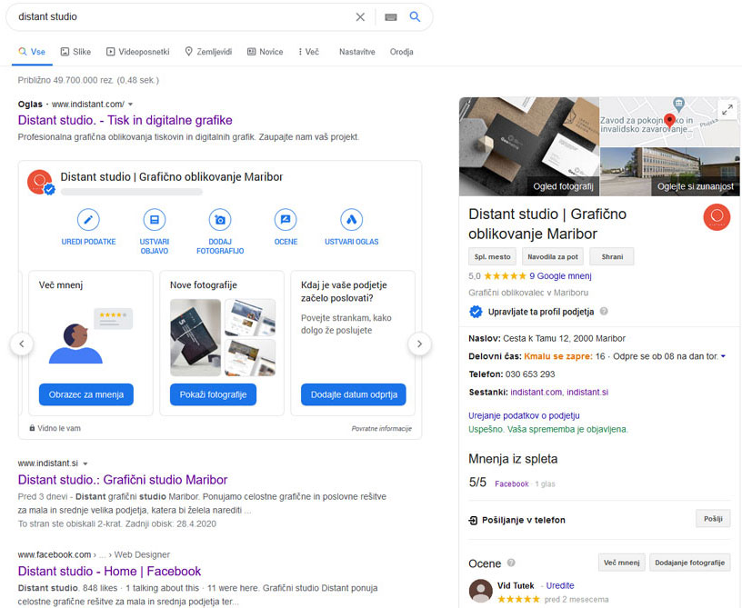 Prikaz predstavitve podjetja z Google my business